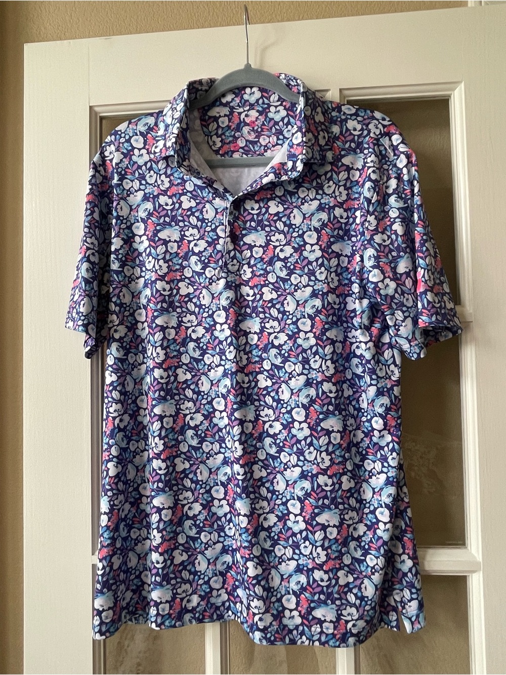 Navy Floral Short-Sleeve Polo with Pink Accents